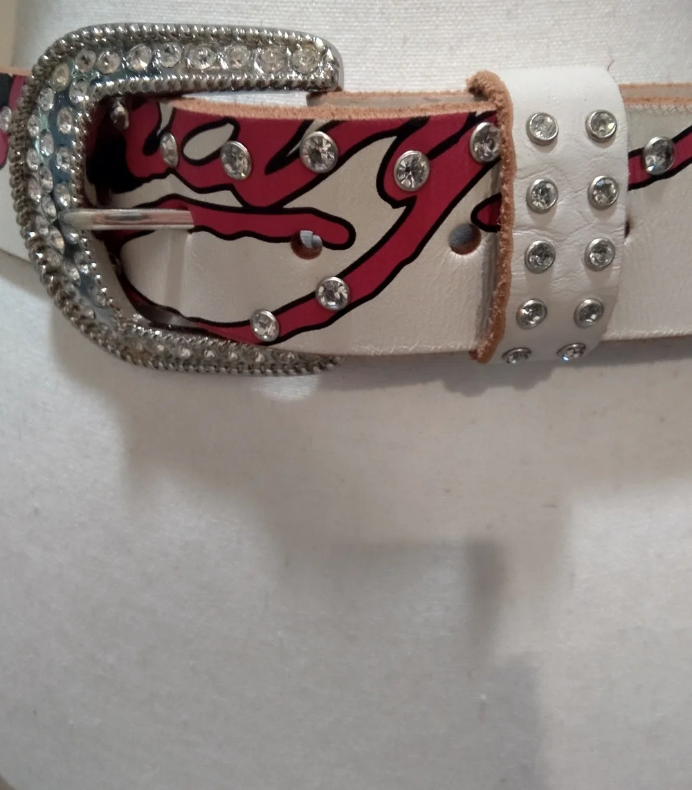 Ed Hardy TIGER Vintage White Belt with Pink Accents, Studs and Rhinestone Buckle